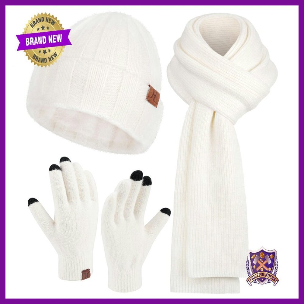 Winter Knit Beanie Hat Touchscreen Gloves Long Scarf Fleece Lined Set